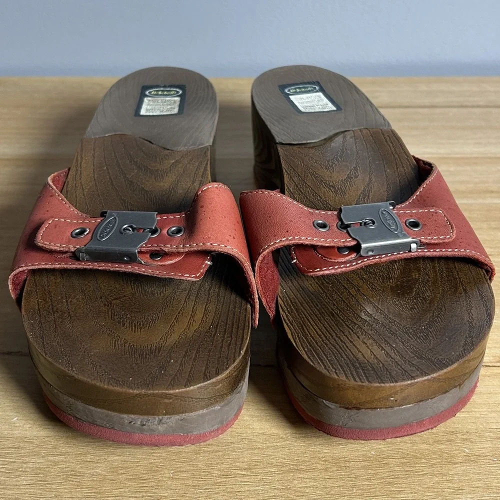Dr. Scholl's Vintage Y2K 2000s Brick Red Leather Wedge Buckle Slide Sandals